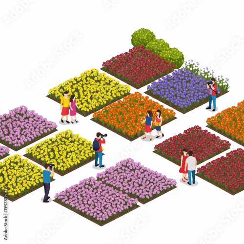 Isometric illustration of people enjoying a vibrant flower garden with various colorful blooms.