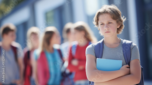 Depressed school student experiencing isolation and social exclusion. Standing alone with a backpack and a book. While other blurred students walk past in the background