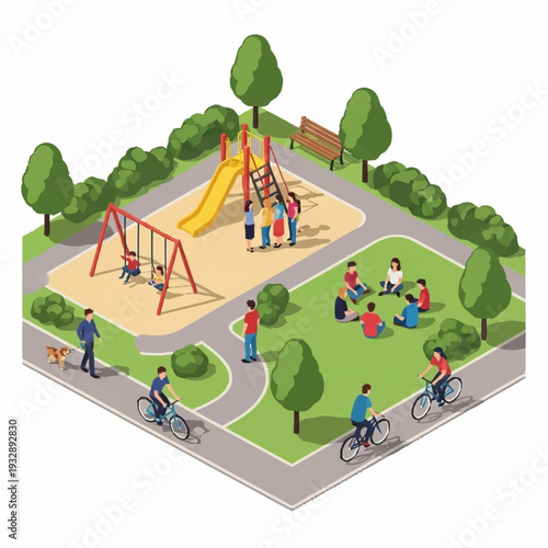 Isometric Park Scene with People Enjoying Outdoor Activities.