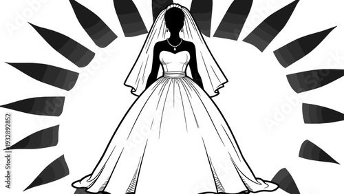 Elegant hand drawn silhouette of a beautiful bride wearing a classic sweetheart ballgown wedding dress and veil with radiating abstract graphic background element (25 words)