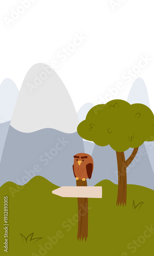 Flat vector illustration of camping outdoors. Mountains, campfire, tent, nature, camper, trees, coffee, backpack, guitar, kettle, boiler, tea, silence, calm, peace, marshmallows on fire