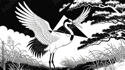 Elegant Japanese red-crowned crane illustration with geometric mountain and pine tree in minimalist black and white woodblock print style for zen nature decor (25 words)