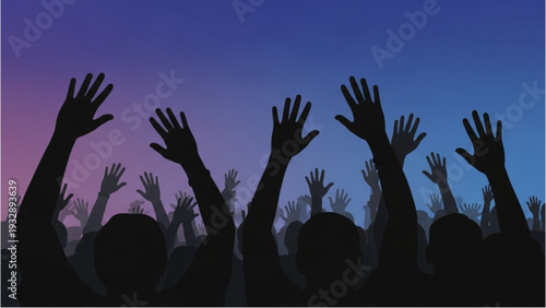 Crowd of people raising their hands in unison at a concert event outdoors at dusk from a low viewpoint