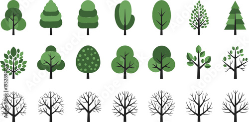 Stylized tree icon vector set showing seasonal growth stages with green leafy and bare trees for landscape design, maps, games, and ecology projects