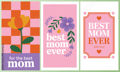 Cheerful Mother's Day graphics with floral art and heartfelt mom messages, expressing love and gratitude in a festive digital look.