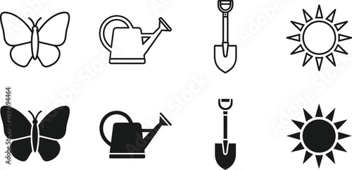 Icon bundle for gardening and nature lovers butterfly watering can shovel sun symbols