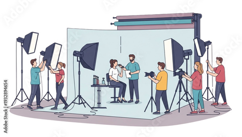 Professional photographers and crew capture model in studio setting with multiple lighting setups and camera equipment