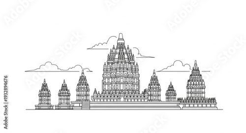 Detailed architectural illustration of the ancient Prambanan temple complex in Indonesia.