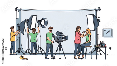 Filmmakers capturing a scene with professional camera equipment in a studio setting