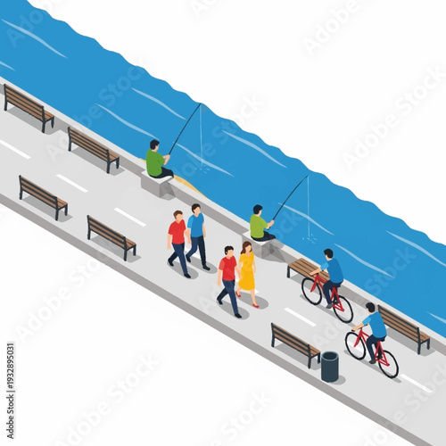 People enjoying leisure activities along a riverside promenade.