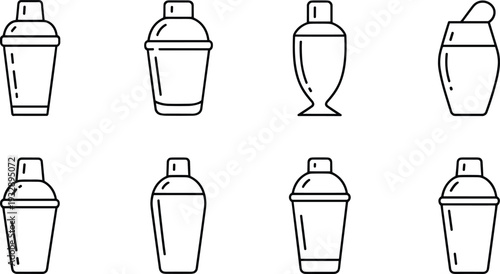 Cocktail shaker icon set with bar mixer drink shaker line art vector illustration collection isolated