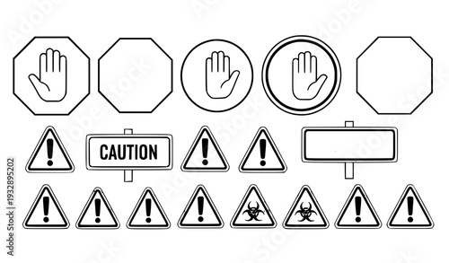 Red Stop Street Icon Collection with Caution Warning Symbols Isolated Vector Illustration