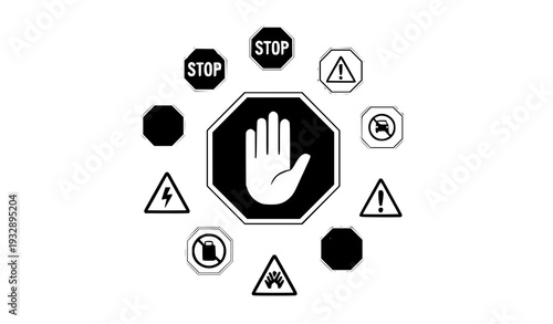 Minimal Road Safety Stop Sign with Hand Symbol and Caution Warning Icons Vector Set