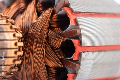Konstfotografi Electric DC motor rotors with copper commutator and coil wire winding texture background