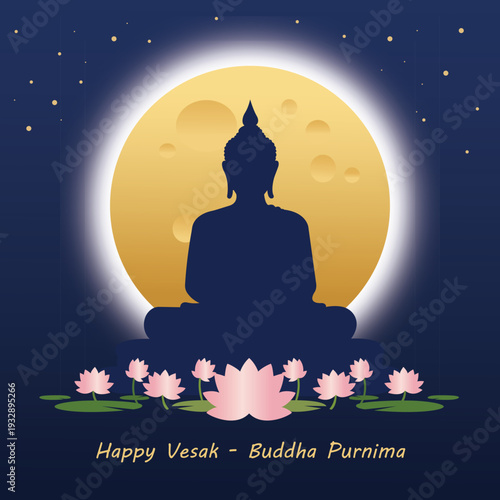 Happy Vesak Buddha Purnima with Buddha Silhouette and Full Moon