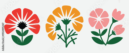 Groovy abstract flower set, minimalist circular floral motifs in modern and trendy design, scalable vector bundle for web graphics