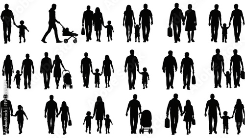 Silhouettes of people walking with children and pets in various family configurations displayed