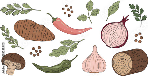 Hand drawn vegetables and herbs vector illustration set with chili, onion, garlic, potato, mushroom, spices, and leafy greens for cooking, recipe, and organic food designs