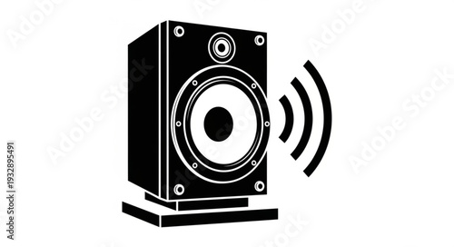 Black speaker emitting sound waves, perfect for audio and music projects, isolated on white background.