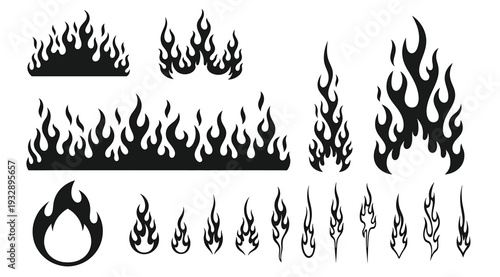 Collection of various black flame silhouettes on white background for design and decoration purposes