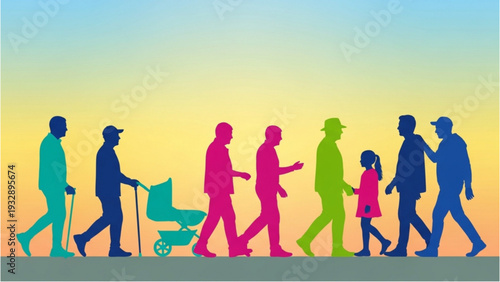 Diverse silhouettes of people walking together in a vibrant sunset landscape with varied ages and mobility aids