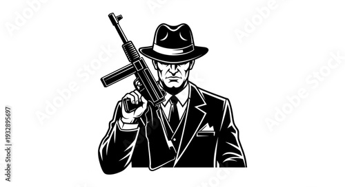 Mafia Boss Holding Weapon in Black and White Illustration.