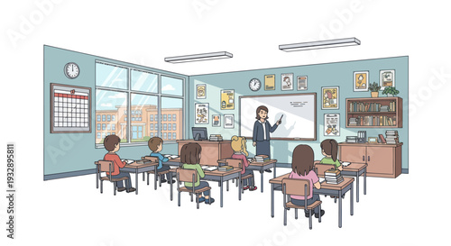 Teacher instructing students in a bright, modern classroom with large windows.