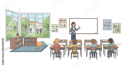 Children learning in bright classroom with teacher at whiteboard