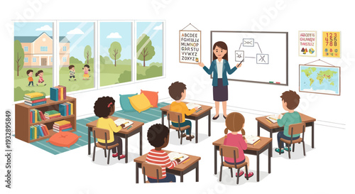 Diverse students learning in a bright, modern classroom with teacher at whiteboard