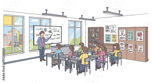 Teacher explaining math equations on whiteboard to students in classroom