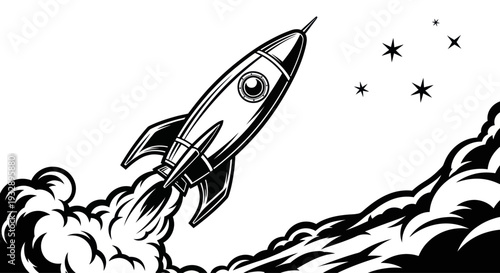 Retro Rocket Launching into Space with Stars and Smoke - Black and White Illustration