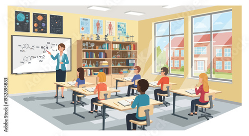 Teacher explaining math on whiteboard to diverse students in classroom