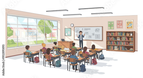 Diverse students in a bright modern classroom with teacher at whiteboard