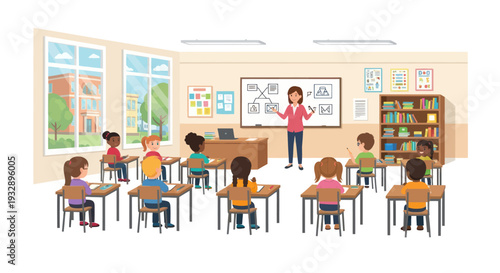 Diverse Students Learning in Bright Classroom with Teacher at Whiteboard