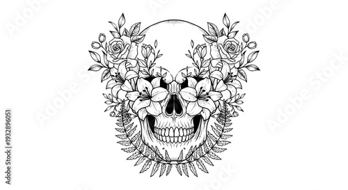 Skull with Flowers Illustration - Dark Floral Art