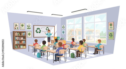 Ecology Class: Teacher Explains Recycling Symbol to Diverse Students in Classroom