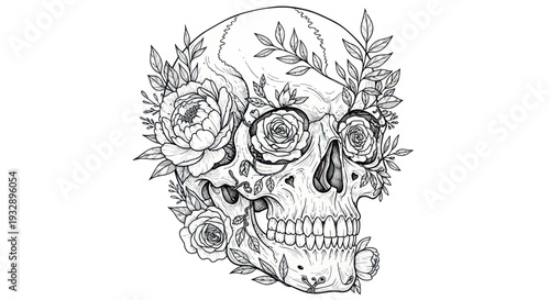 Artistic Skull with Roses and Leaves, Hand-Drawn Line Art, Black and White Tattoo Design