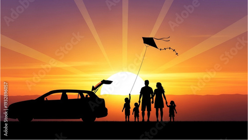 Family flying kite together at sunset on beach with car nearby