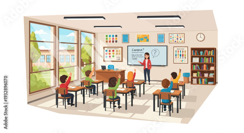 Students Raising Hands in Classroom Learning, Teacher Asking Question