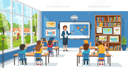 Modern Classroom with Interactive Whiteboard, Teacher, Students Raising Hands, Learning