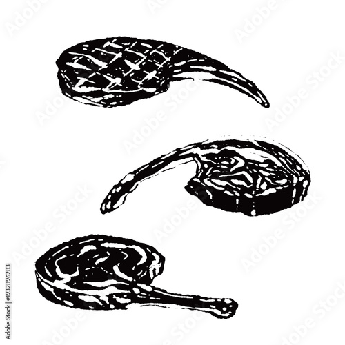 Tomahawk T-bone Steak Raw and Grilled Set Monochrome