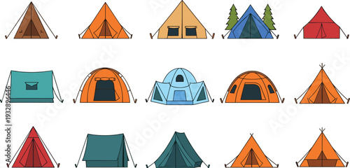 Camping tents collection outdoor adventure shelter equipment travel camping vector illustration set