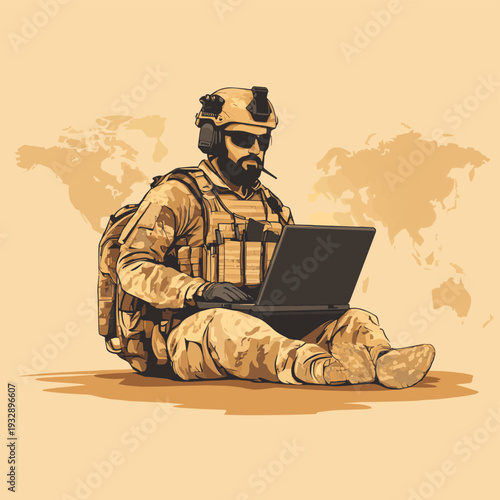 Soldier using radio and laptop in desert environment, coordinating operations with global map display , vector style simple color