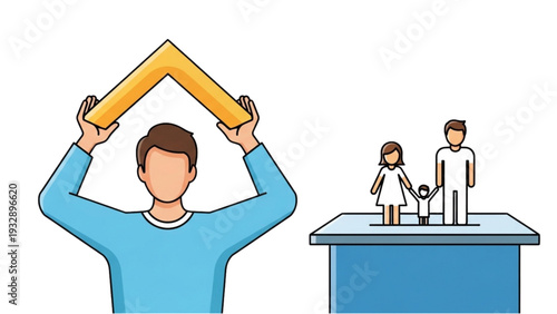 Man holding yellow roof above head near blue table with people in white lab coats standing