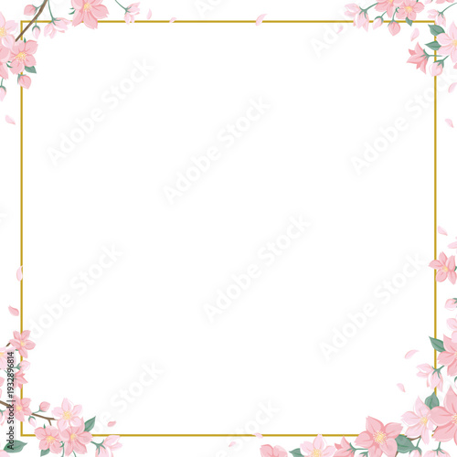 桜の正方形フレーム 透過背景に金枠と桜の花びら 卒業・入学・お祝いのベクター素材