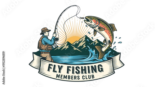 Man fly fishing in serene mountainous landscape with leaping fish, outdoor activity, natural scenery from behind