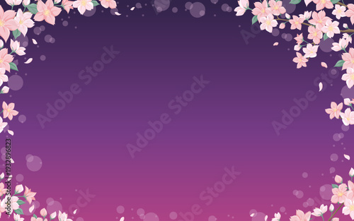 夜桜の背景素材 紫とピンクのグラデーション 幻想的で高級感のある和モダンな桜イラスト ベクター（Night cherry blossom background. Luxury Japanese style sakura illustration.）