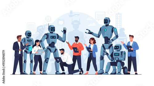 Diverse group of people interacting with robots in a futuristic urban environment from a frontal viewpoint