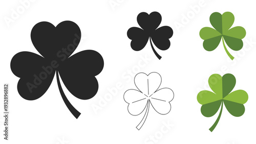 Group of five shamrock clover leaves are displayed in several variations including green, solid black silhouette, and a simple line art outline style.