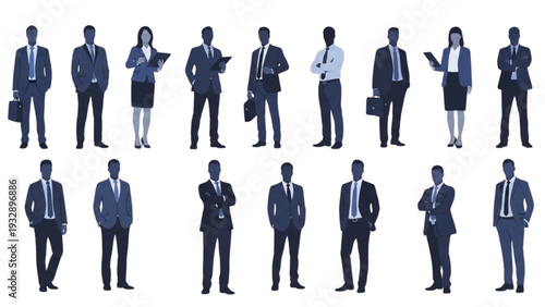 Diverse group of professionals in various poses and attire standing together in a studio setting, viewed from the front